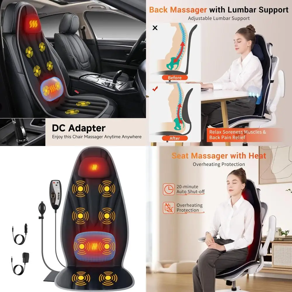 

Full Back Seat Massager with 8 Motors & 2 Heat Settings, Lumbar Support Chair Pad for Home, Office, Gifts