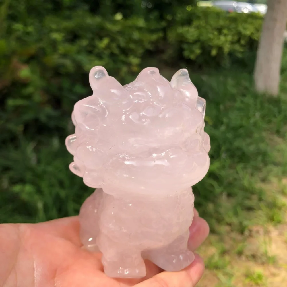 8cm Natural Quartz Rose Quartz Kylin Statue Carving Energy Healing Polished Mineral Home Decor Ornament Figurine for Relaxation