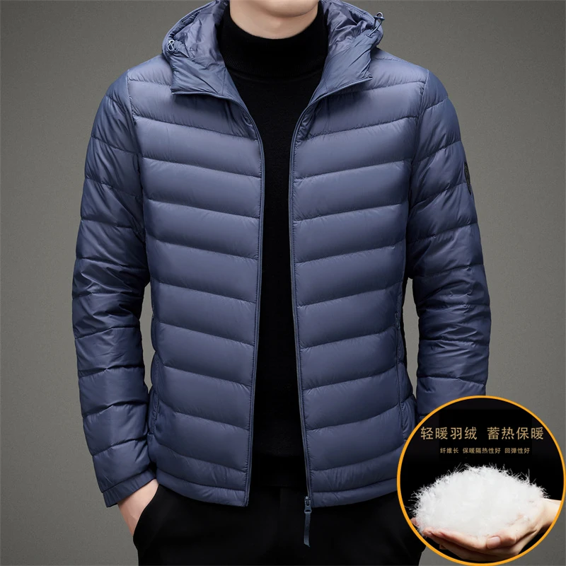 Lightweight 90% White Duck Down Coat Men\'s Winter Simple Solid Warm Padded Hooded Jacket Long Sleeve Thermal Down Coat