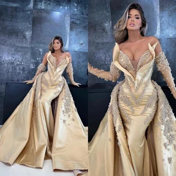 Luxurious Champagne Evening Dresses Full Deep V Neck Beading Mermaid Prom Dress New Designed Pearls Formal Party Gowns