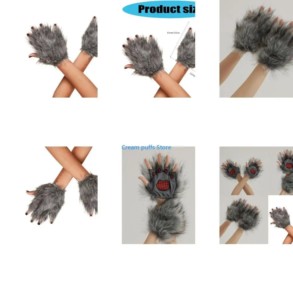 50LE Faux Furs Plush Furry Cats Paws Gloves Animal Foxes Paws Fingerless Mittens Fursuit Paws Therians Gear Halloween Costume