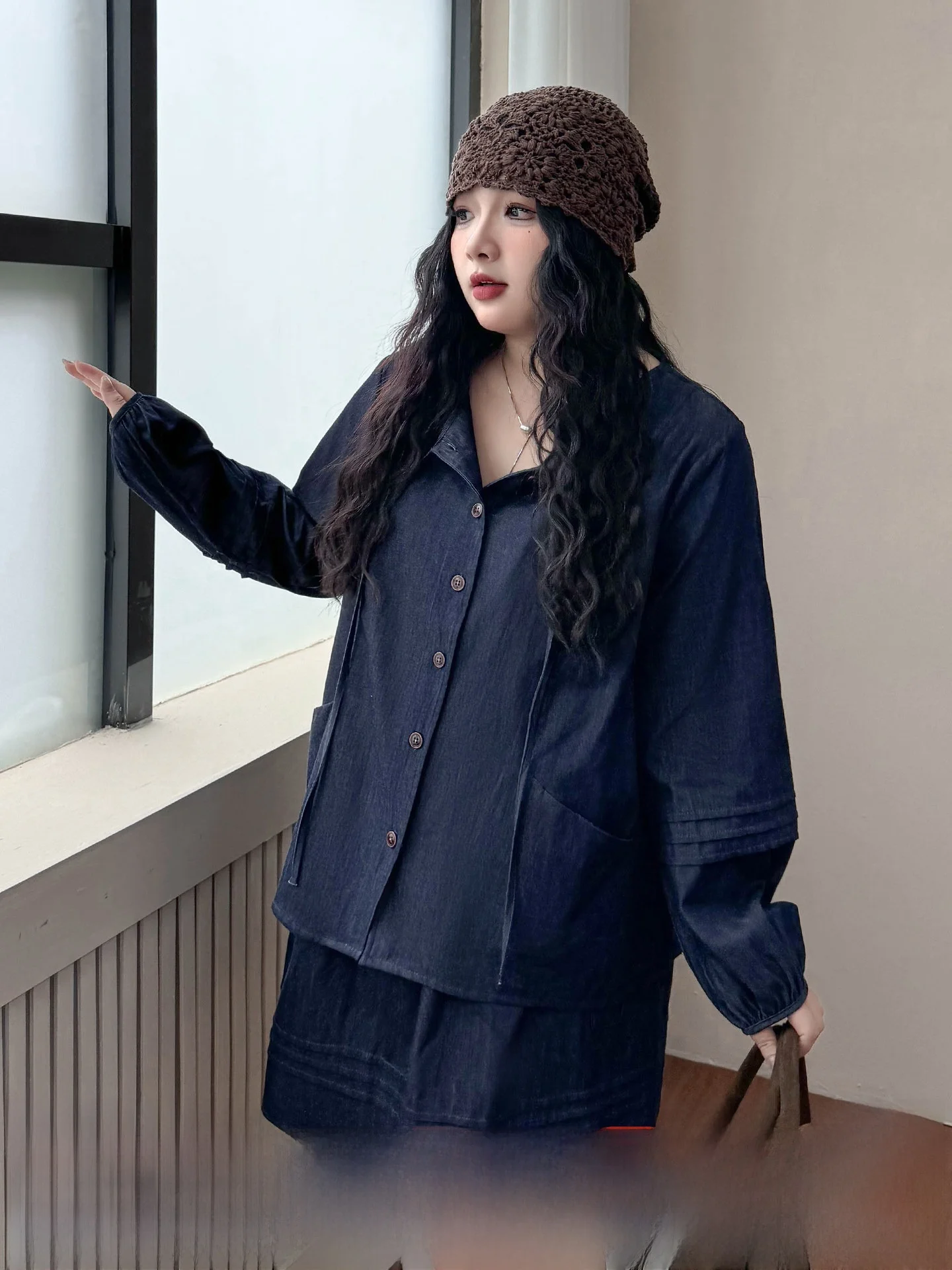 

Джинсовая юбка размера ранней осени размера плюс, винтажная юбка трапециевидной формы с высокой талией, удобный комплект из смеси хлопка