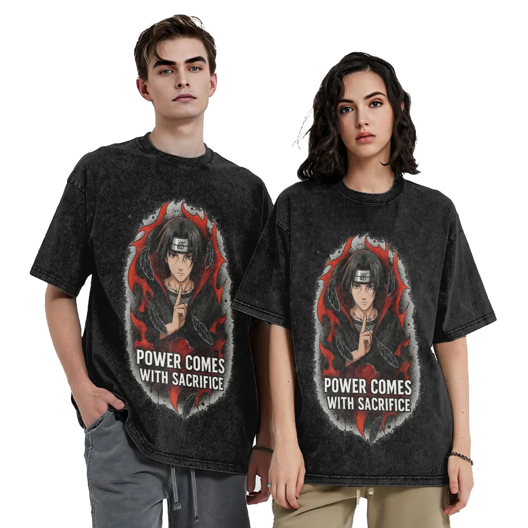 Itachi Uchiha Anime Art Power Comes with Sacrifice Narutoes Anime Washed T Shirts Streetwear T-Shirts Tee Shirt for Men Women