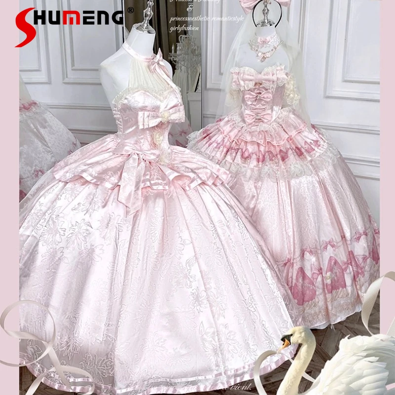 

Elegant And Graceful Autumn New Slimming Halter Pink French Style Romantic Long Dress O-neck High-waisted Slimming Dresses Women