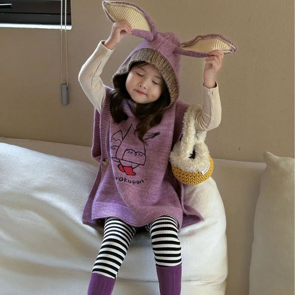 

Children Girls Autumn 3PCS Clothes Set Skinny Undershirt Long Ear Cartoon Knittwear Vest Striped Contrast Spliced Leggings Suits