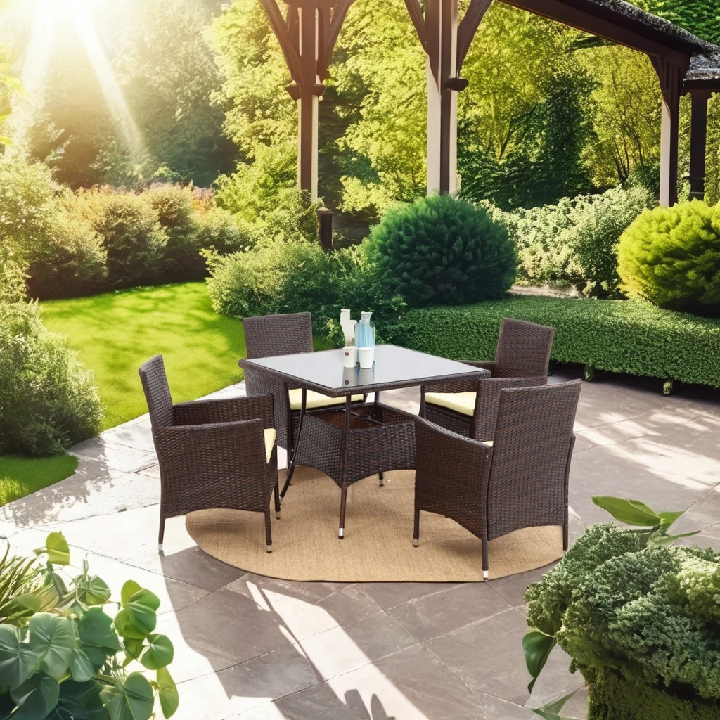 

Modern PE Rattan Wicker Steel Frame Dining Set for Garden Patio UV Protected Cube Square Table Chairs for Outdoor Gym Use