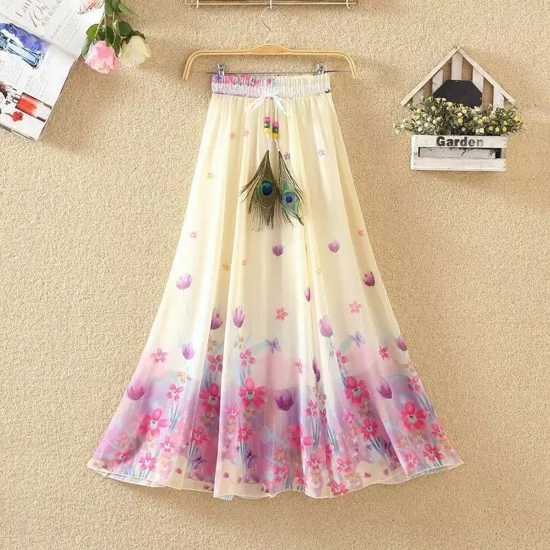 Blue Seabed Rose Peony Bohemia Mother Summer Long-skirts Chiffon Flower Harajuku Peacock Feather Elastic Waist Woman's Skirt