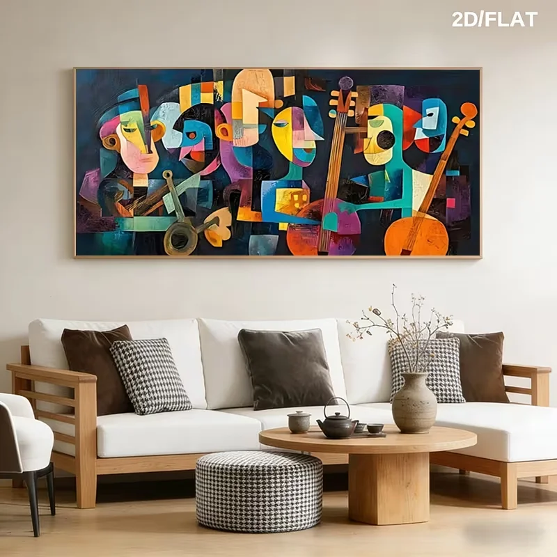 2D Flat, 1pc Large Modern Abstract Cubist Wall Art - Frameless Canvas Painting Suitable for Living Room &, Vibrant Musicians Pla