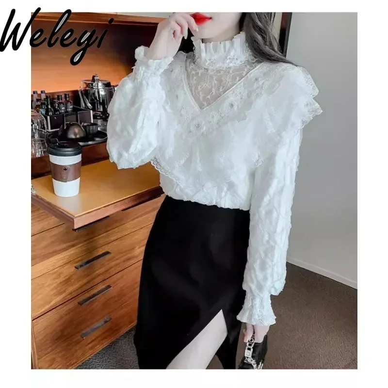 

French Women's Tops Winter Sweet Versatile Heavy Industry Ruffle Edge Stand Up Collar Long Sleeved Velvet Lace Camisas E Blusas