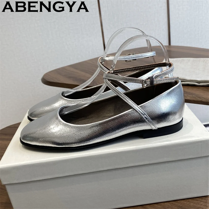 

Round Toe Ankle Strap Buckle Flat Shoes Women Real Leather loafers Shoes Summer Outdoor Walking Shoes Woman Designer Flat Shoes