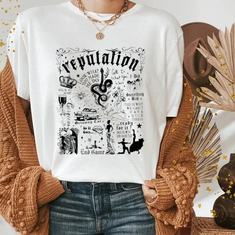 Vintage Style 90s Clothing Vintage Reputation Magic Snake Print Taylor Album Shirt Women's Harajuku Pattern Short Sleeve Shirt