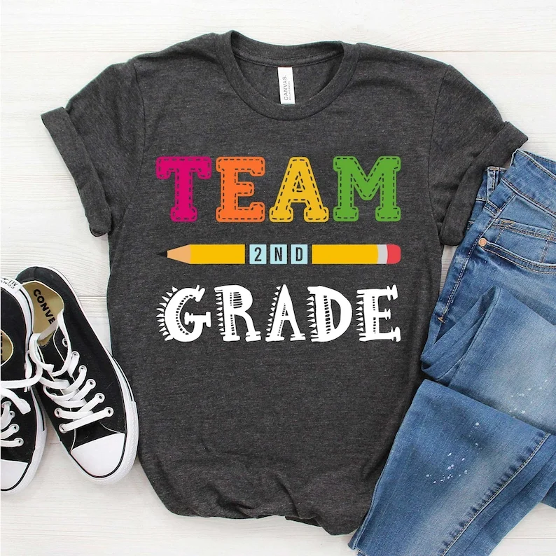 

Second Grade Team T-Shirt 2nd Teacher Shirts Teaching tees funny letters 100% cotton crewneck short sleeve cute fashion top