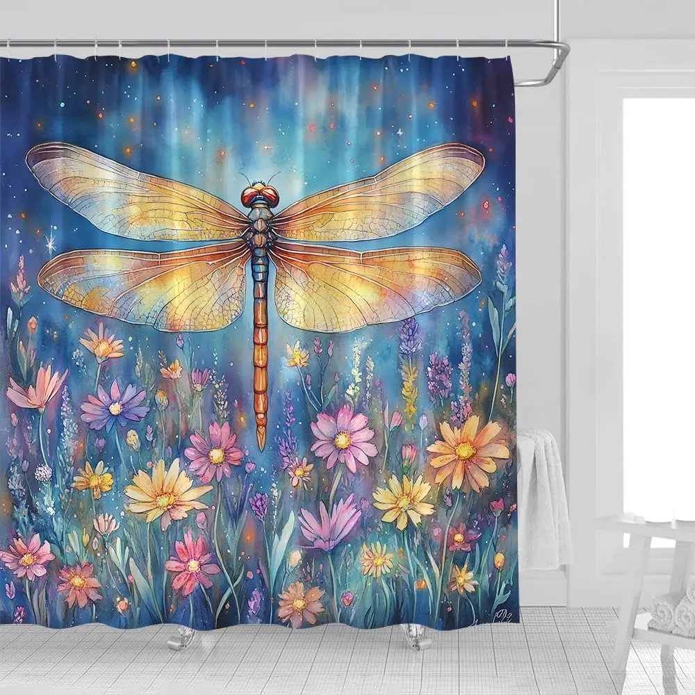 Dragonfly Floral Shower Curtain Watercolor Spring Flower Leaves Rustic Botanical Boho Wildflower Natural Wildlife Starry Sky