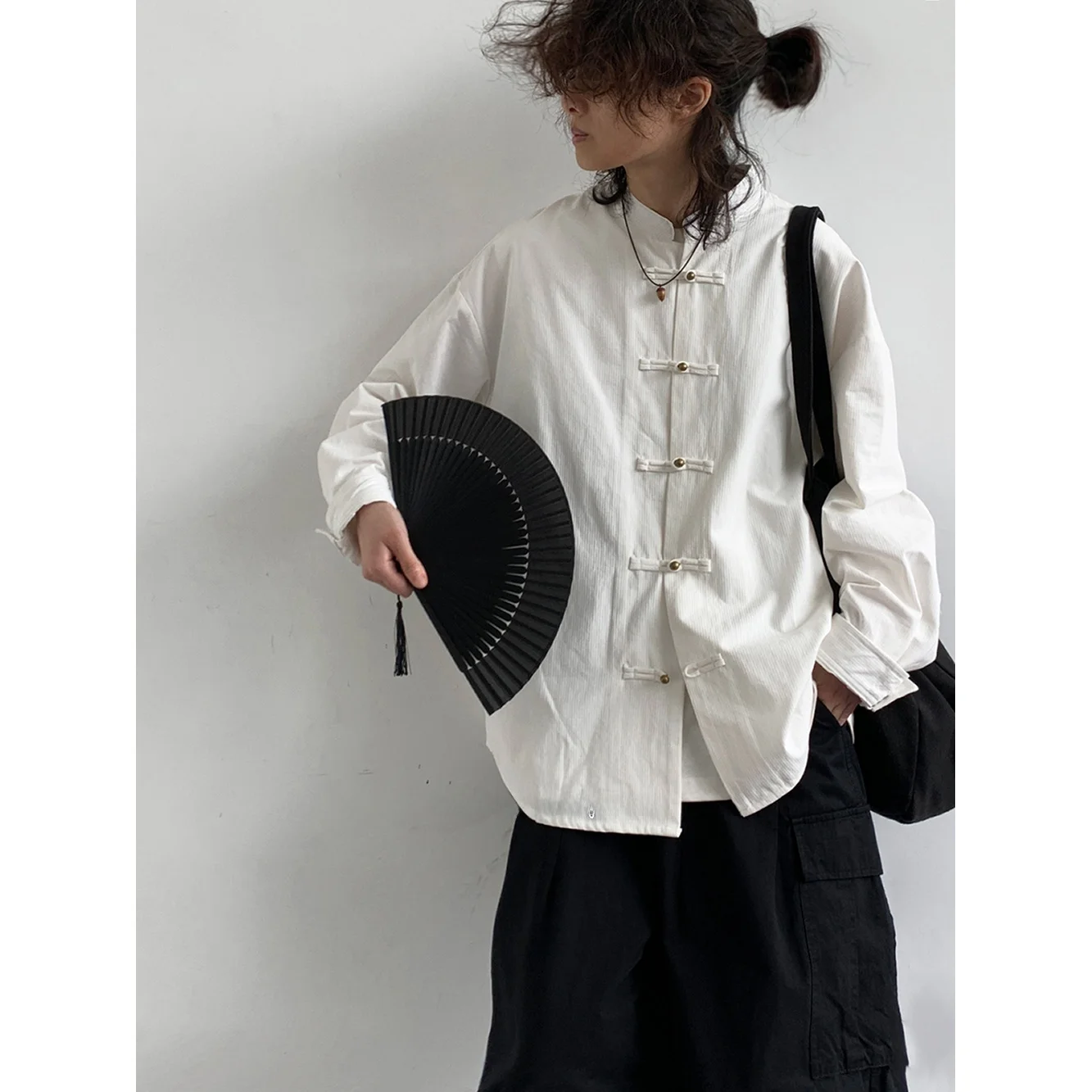 

Loose Fit Long Sve White irt Stand Collar Chinese Sle Spring Autumn ex Retro New Chinese Sle Workwear Jaet