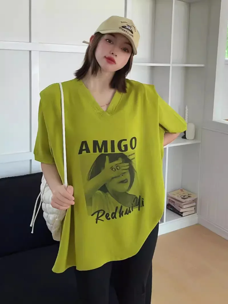 Oversize T Shirt V-Neck Thin Sunscreen Shirt Half Sleeve Loose Casual Mid Length Contrasting Color Splicing T-shirts for Women