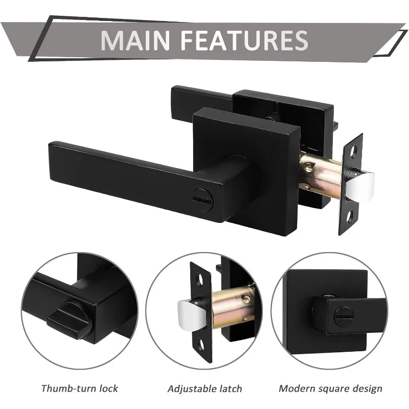 2025 10 Pack Square Door Lever Privacy Door Lock Handleset Keyless Lockset Door Knobs Storage Room Bathroom Set No Key in Black