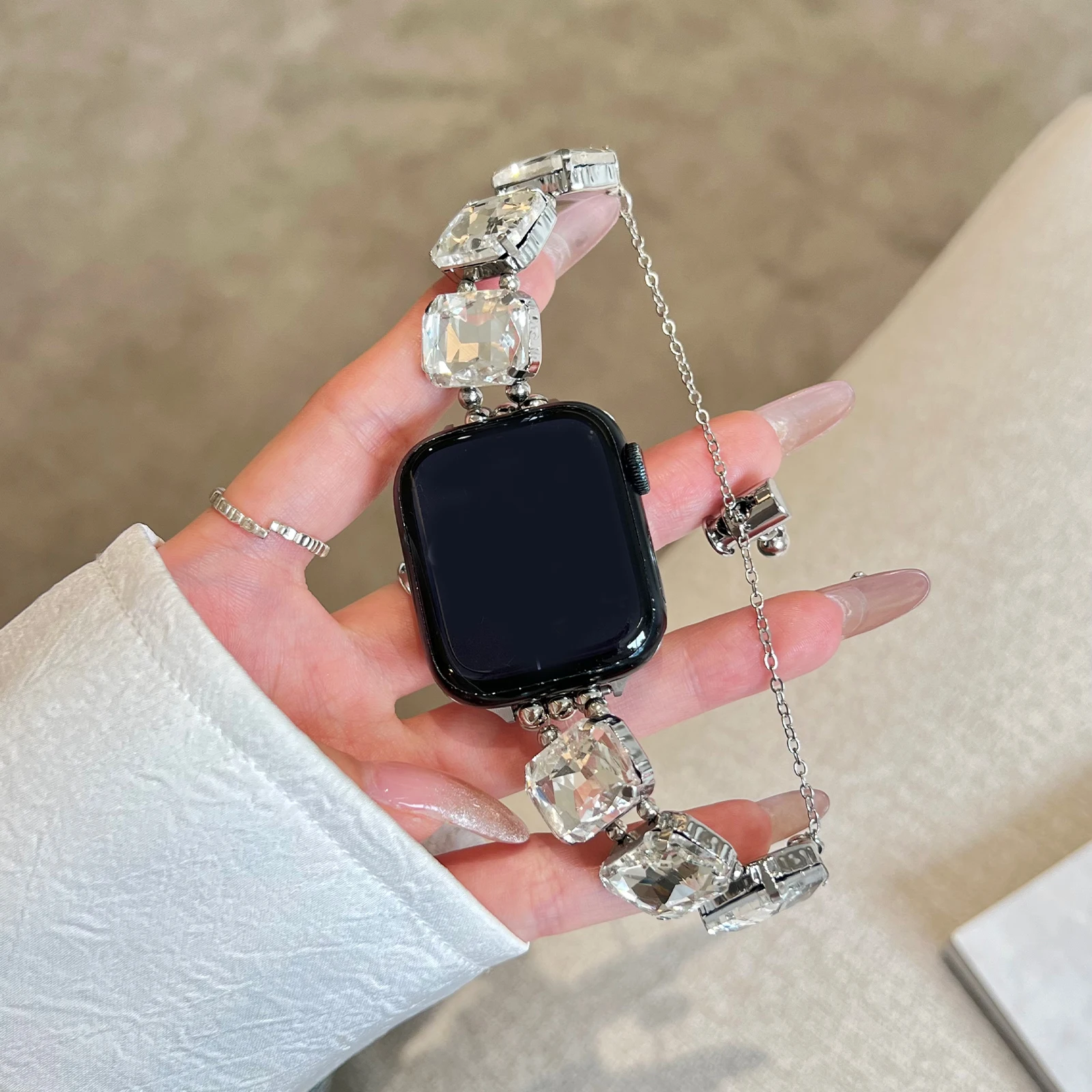 حزام معدني لساعة أبل الفرقة الزجاج الحفر سوار سلسلة ل Iwatch98765SE الترا المرأة جوهرة حزام ل Series40 41 42 44 45 مللي متر