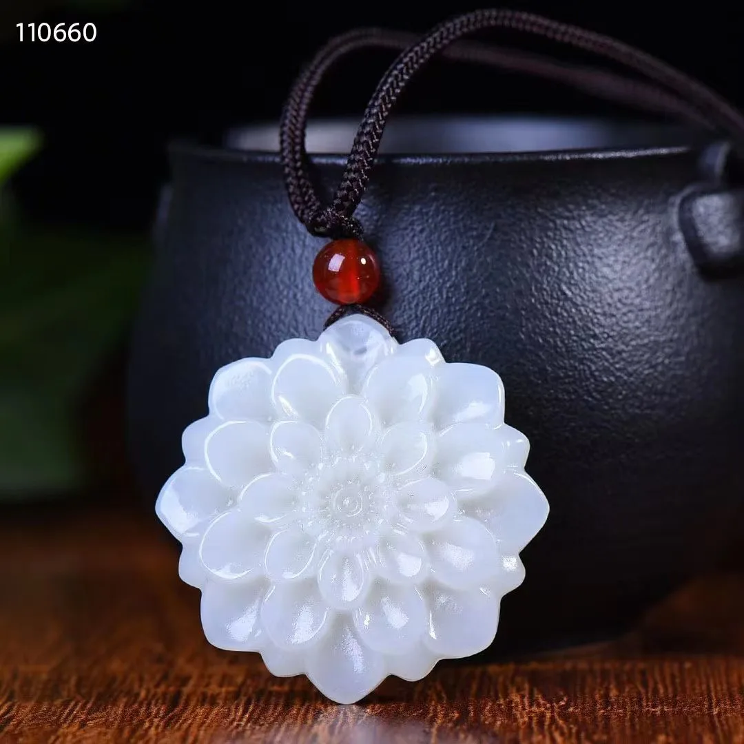 

Natural 100% real white hetian jade carve flower Bless peace noble pendant jewellery Handle piece for men woman gifts good luck