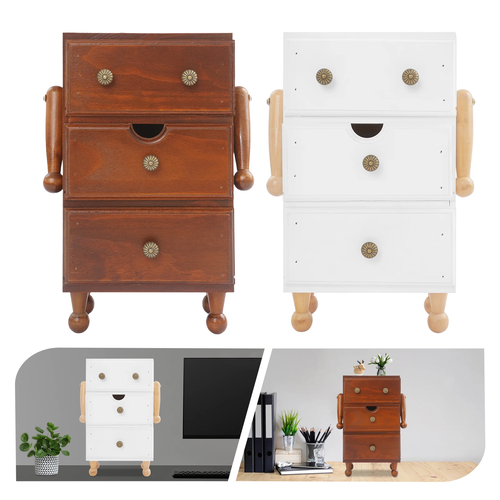 3-Tier Storage Cabinet,Space-Saving Pine Wood Compact Cabinet with 3 Drawers& Adjustable Shelves,Vintage Design for Small Spaces