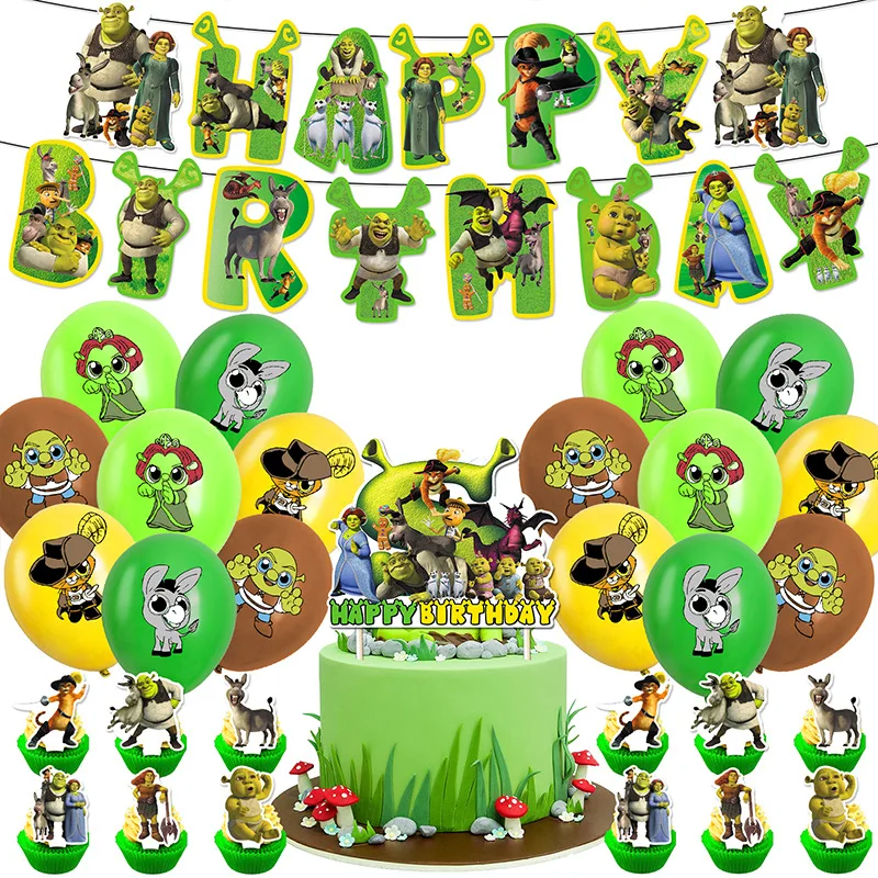 

Shrek Birthday Party Decoration Tableware Balloon Cup Plate Banner Backdrop Shrek Theme Party Supplies Favors Deco Kit Kids Baby