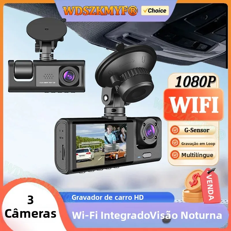 Câmera Veicular WiFi 1080P com 3 Lentes, DVR para Carro, Câmera Interna, Mini Gravador de Vídeo, Registrador de Vídeo, Dashcam, Câmera Três Vias