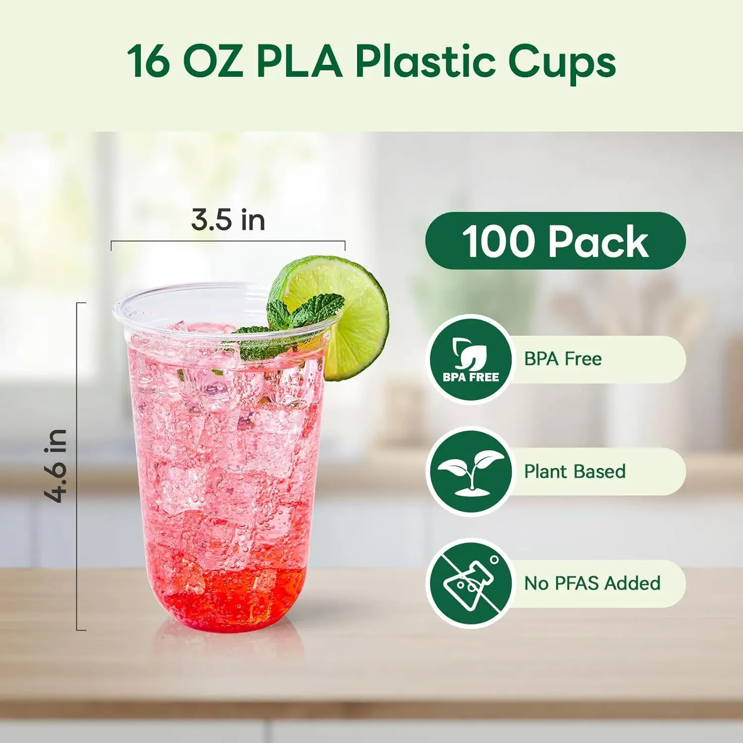 Compostable Clear Plastic Cold Cups, 100 Pack Biodegradable Disposable Cups, BPA & PFAS Free, Plant-Based Plastic Cups