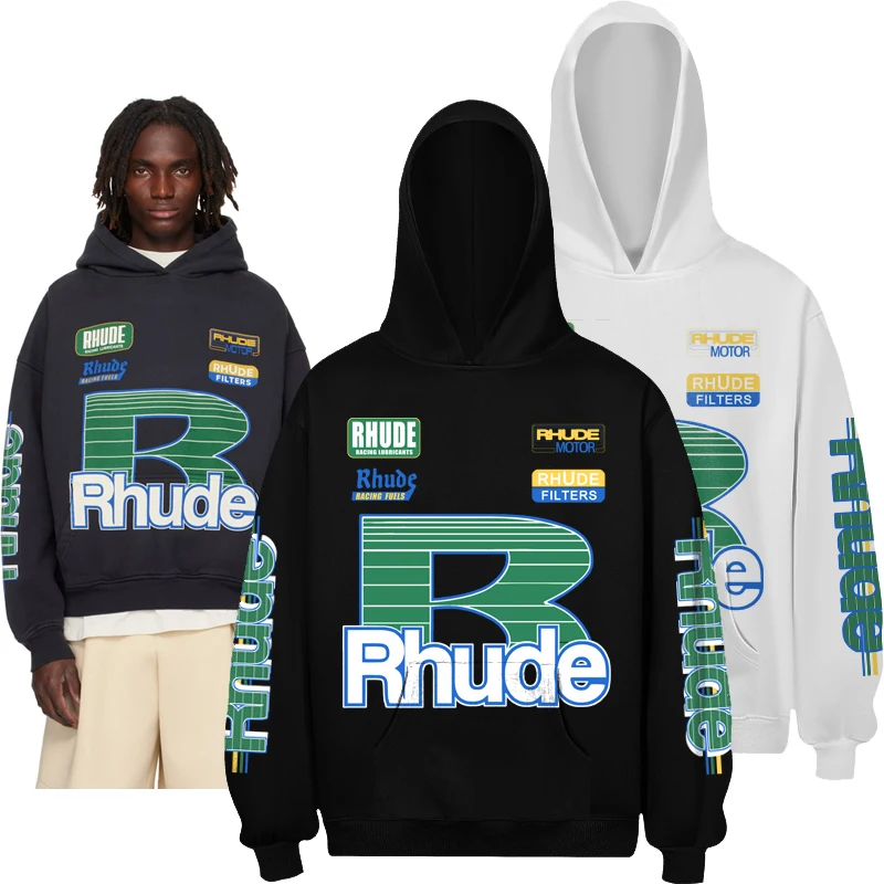 

High Quality Black Casual Loose Rhude Hooded Sweatshirt Men Women Letter Pattern Printed Hoodie
