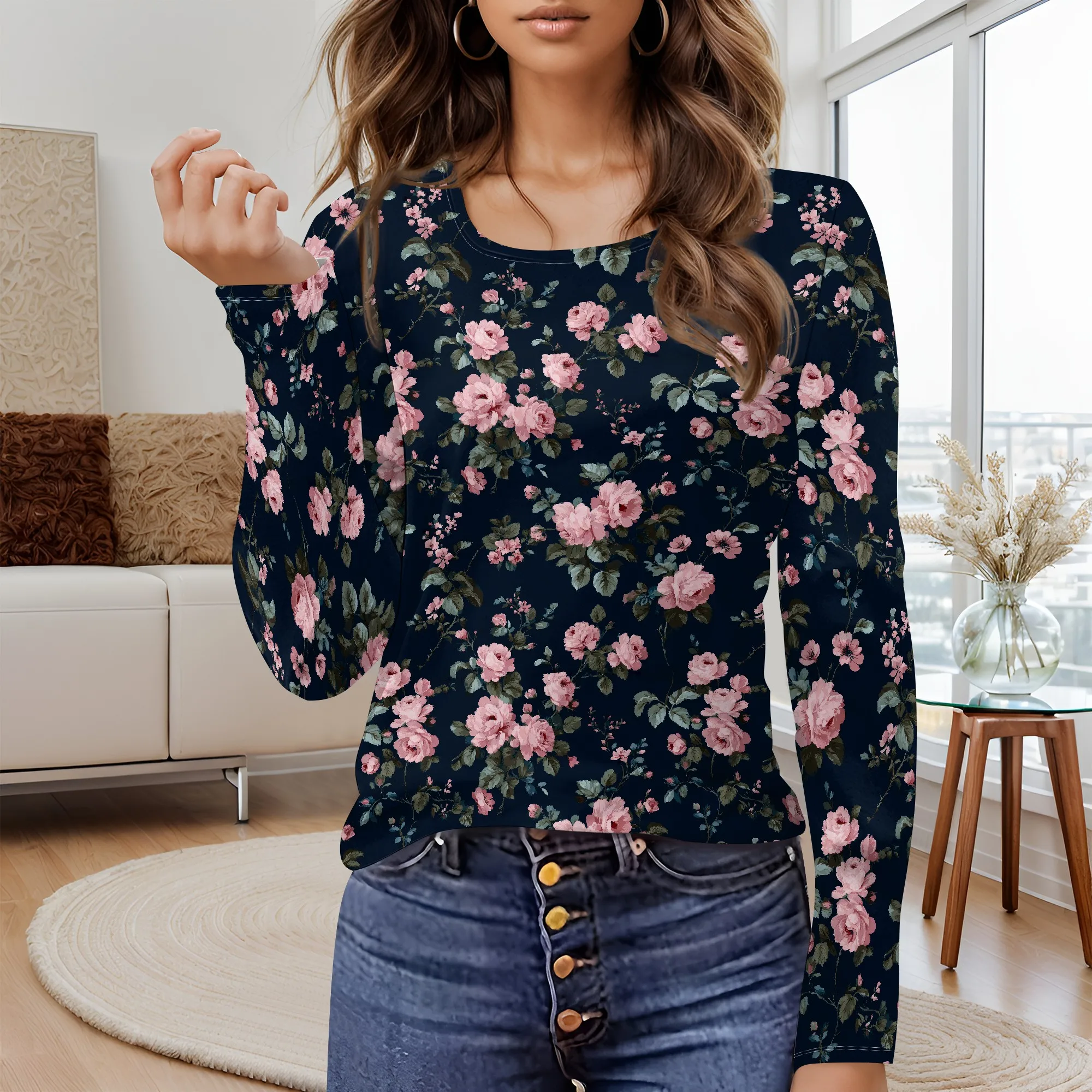 قمصان طويلة الأكمام للنساء 2025 موضة خريف متأنق بلوزات غير رسمية مطوي Crewneck تونك القمم ل طماق لطيف المحملة