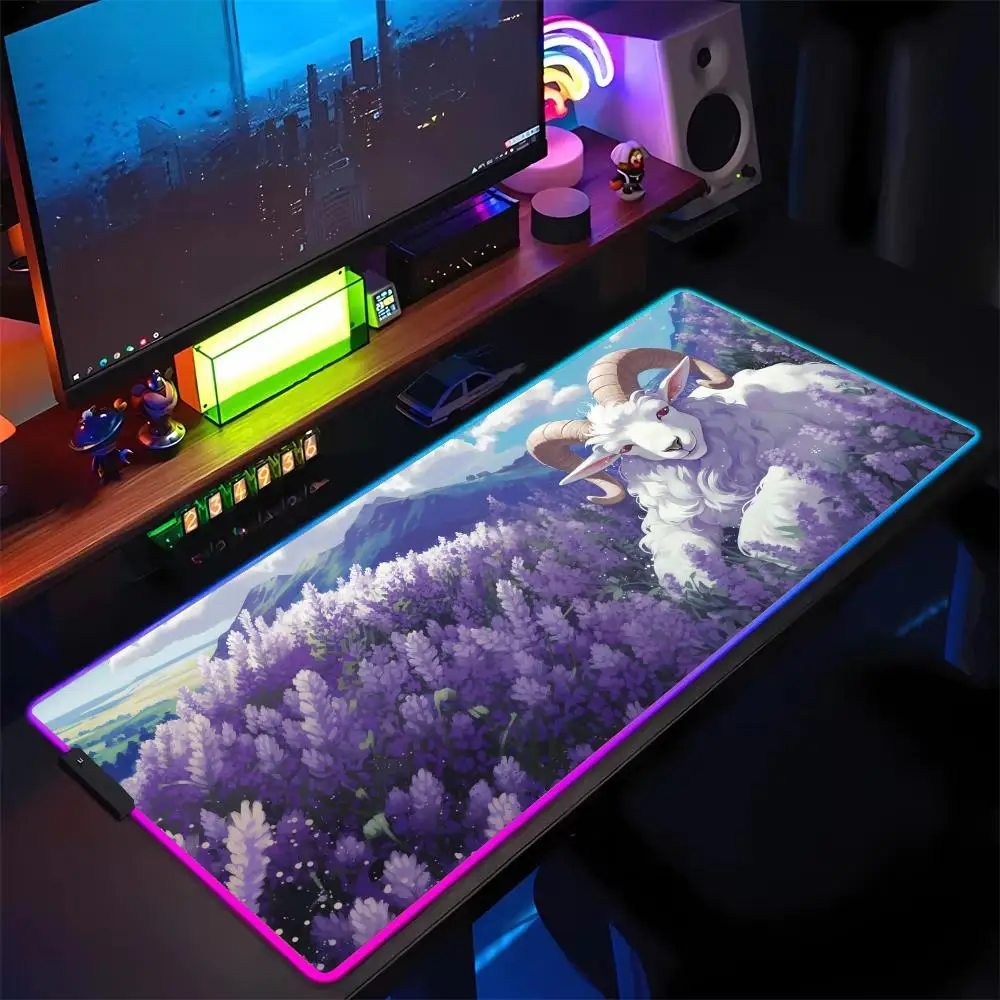 RGB Mouse Pad Lavender Bidang dan Kambing LED Cahaya Gaming Mat Karet Anti-Slip Meja Tikar Pc Aksesoris Gaming Keypad Mousepad