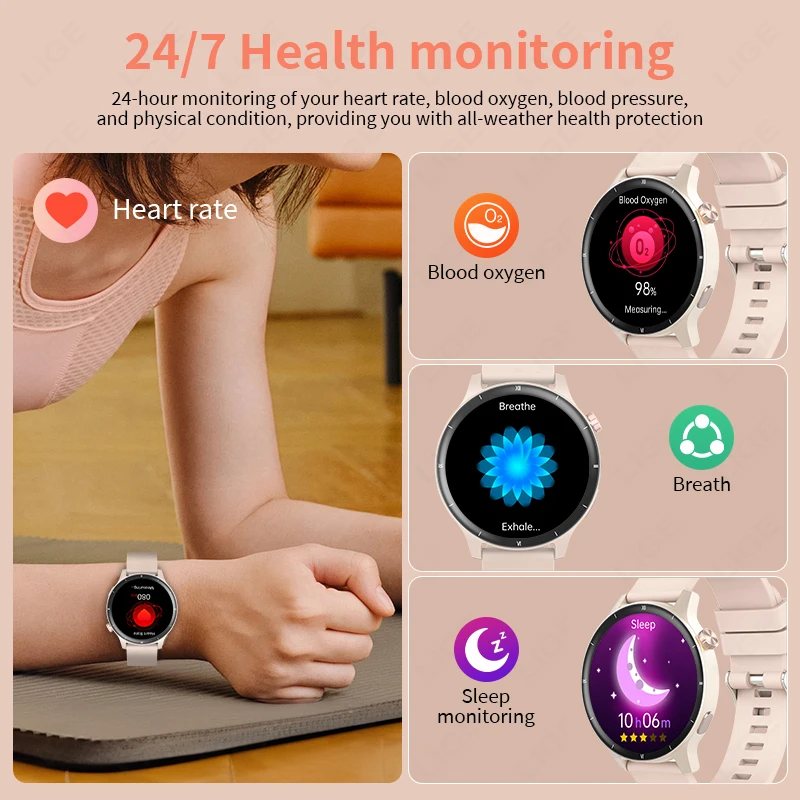 LIGE jam tangan pintar Dial dinamis 3D Fashion, jam tangan pintar wanita panggilan Bluetooth Monitor kesehatan layar 1.39 HD musik kebugaran