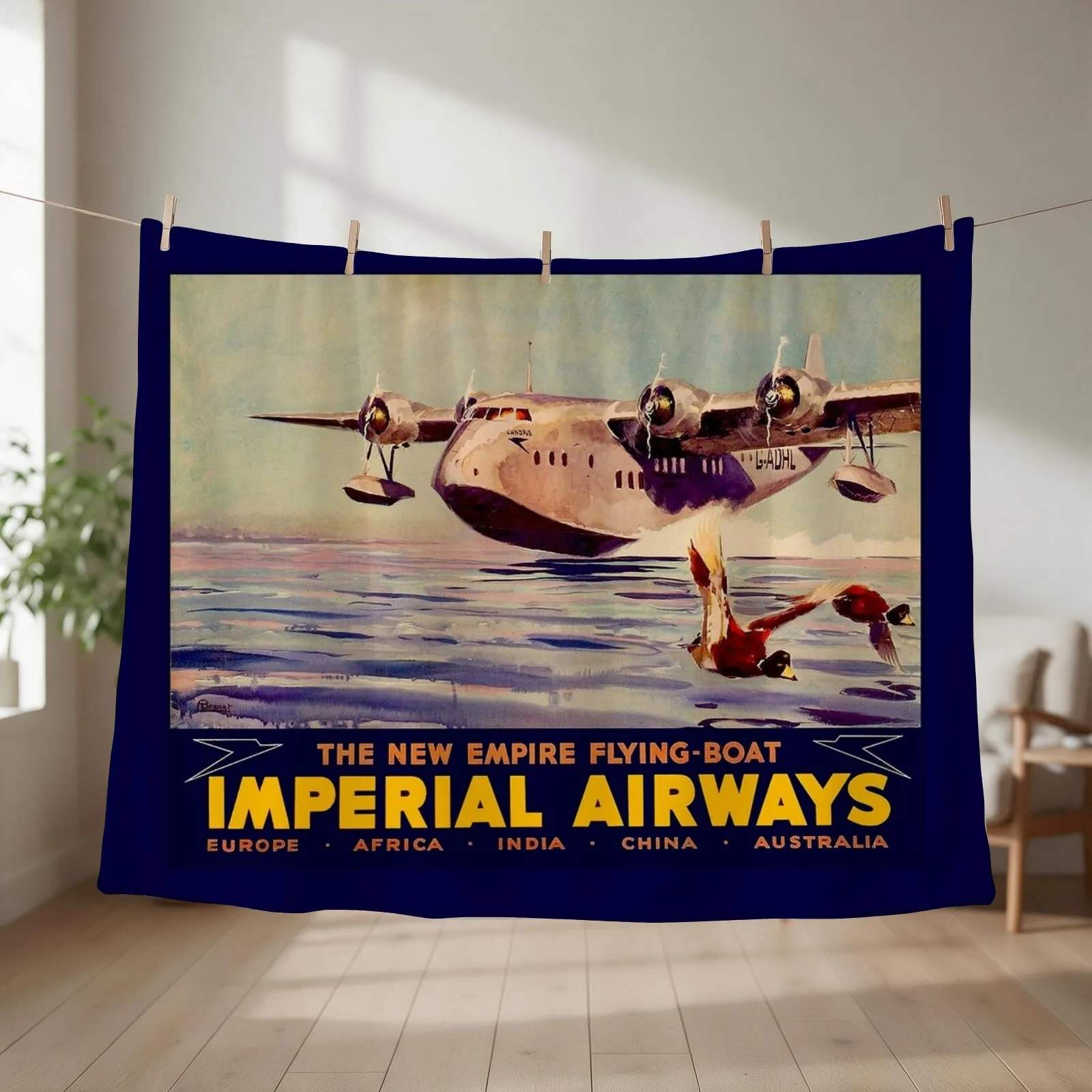 New IMPERIAL AIRWAYS : Flying Boat Travel Advertising Print Throw Blanket couch cozy soft plush fuzzy picnic outdoor blanket