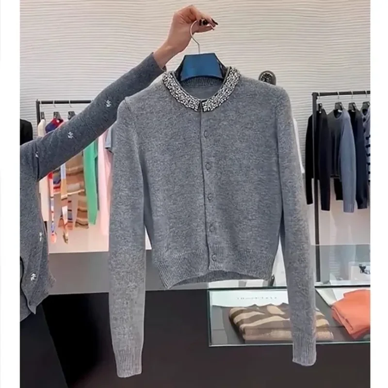 

2025 New Year Fashionable Heavily Embroidered Round Neck Knitted Cardigan Sweater Women's French Soft Knitted Top