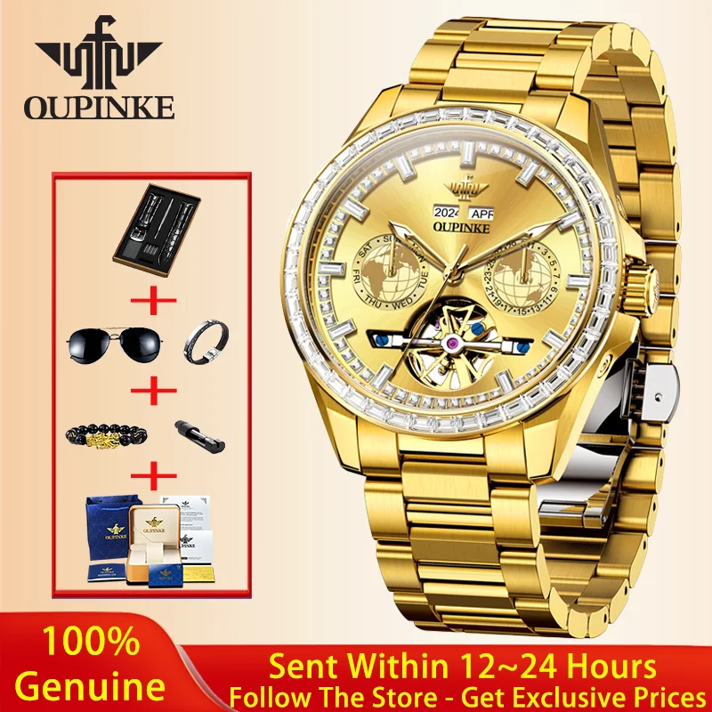 OUPINKE Men Watch Gold Luxury Original Automatic Movement Mechanical Watch Diamond Hollow Waterproof Men Watch Reloj Hombre 3280