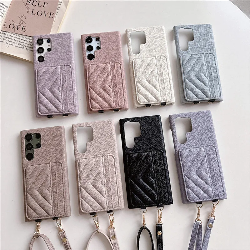 Luxury Card Slot Crossbody Strap Case for Samsung S24 Ultra S23 FE S22 A55 15 25 A35 13 14 33 A53 24 A54 34 Lichee Pattern Cover