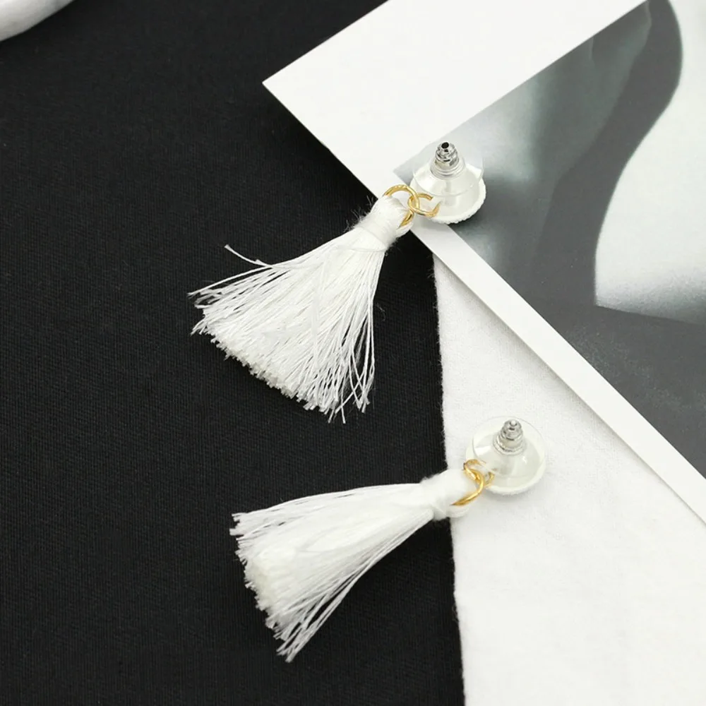 1pair Fresh-tempered Matte Round Ball-shaped Button Earrings with Black and White Double-layer Fringes