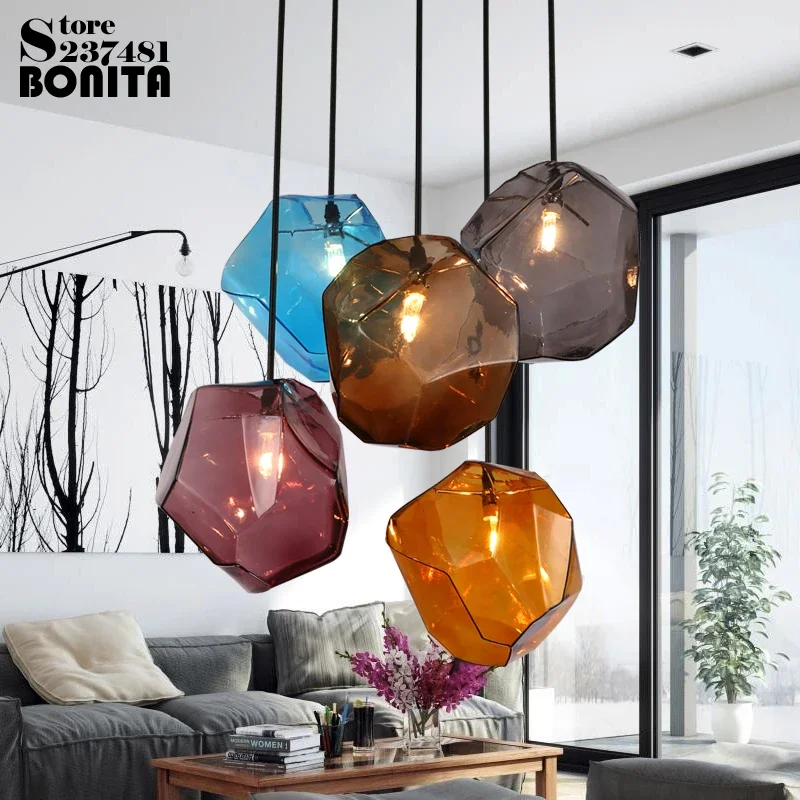 Modern Hanging Lamps Ice Cubes Crystal Glass droplight loft Colorful LED Stone design lamp pendant lighting