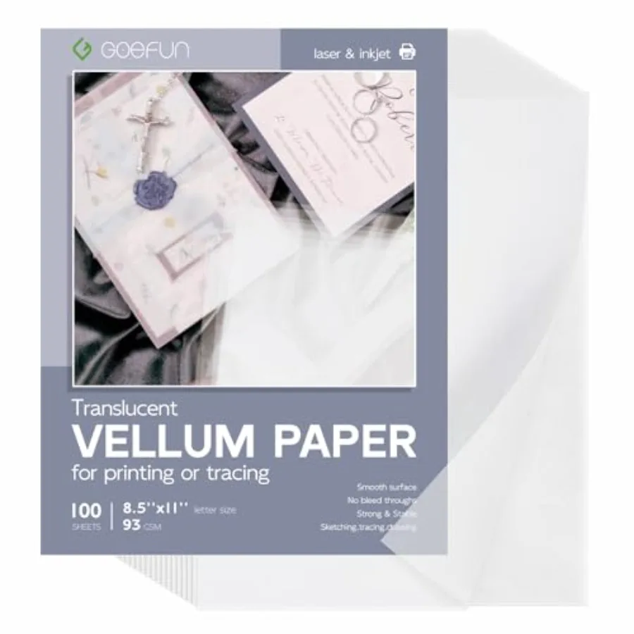 

Translucent Vellum Paper 8.5 x 11, 100 Sheets Vellum Tracing Paper Printable for Invitations, Card Overlays, Belly Bands, DIYs,