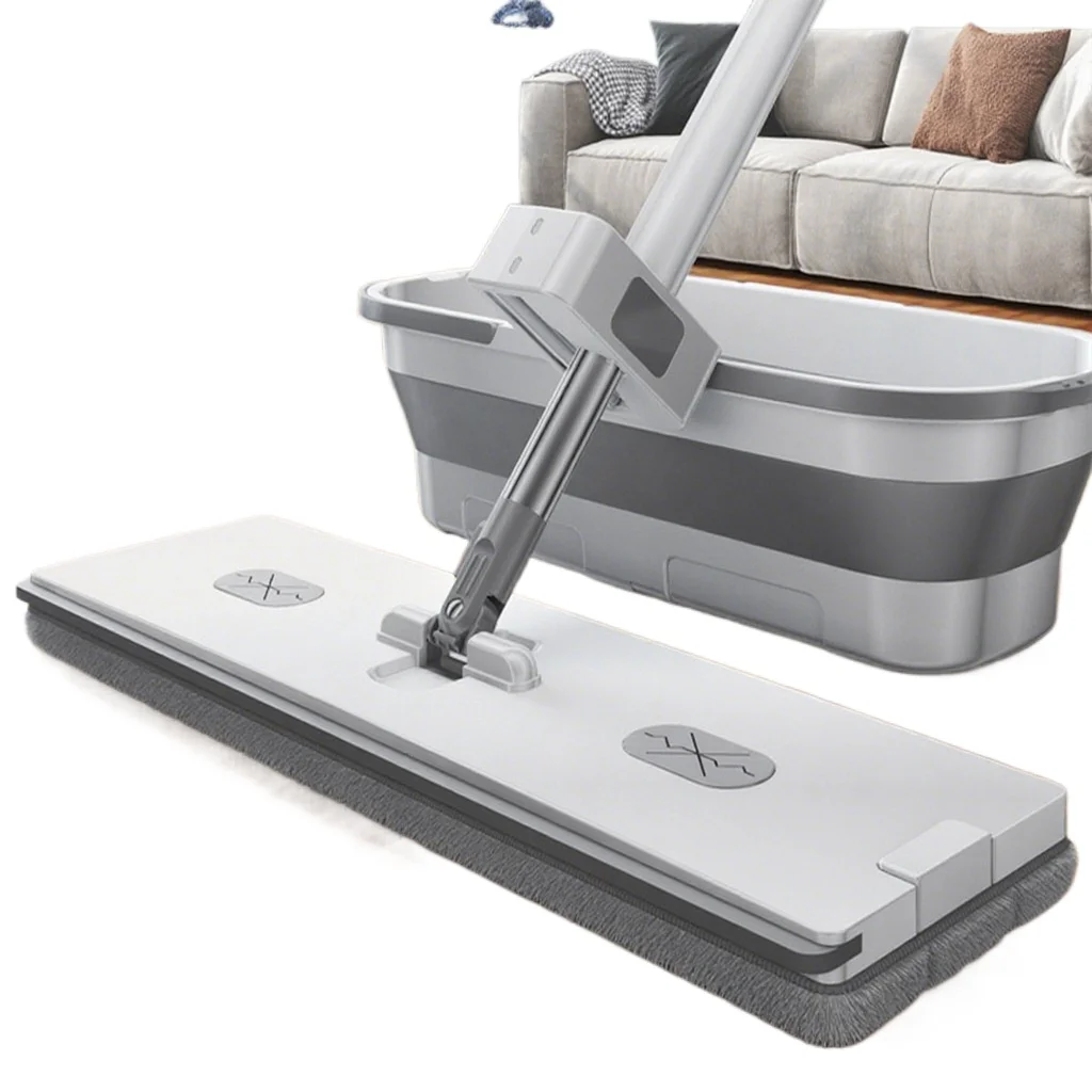 Mopa Plana para Uso Doméstico con Cubeta y Sistema de Escurrido Automático, Almohadilla de Microfibra Absorbente de Alta Resistencia, Limpieza sin Esfuerzo para Pisos de Madera