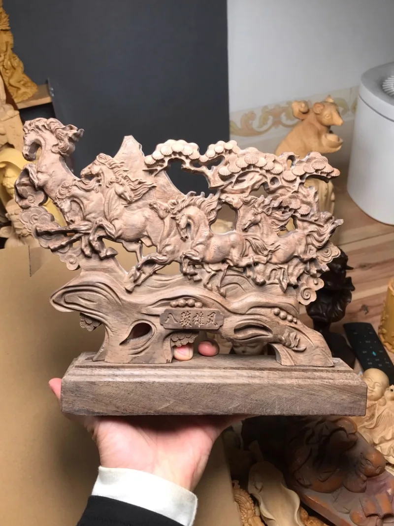 

Hand Carved Wooden Eight Galloping Horses Statue Sculpture - Ma Dao Cheng Gong Success Ornament Home Office Desk Decor Gift