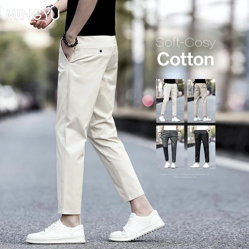 2025 New Summer Cotton Ankle Length Pants Men Slim Elastic Waist Jogger Outdoors Korean Work Suit Casual Trousers Male 28-38
