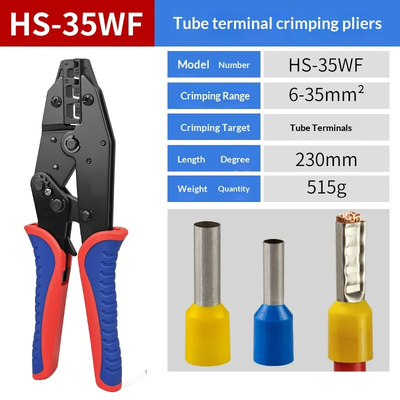 HS-35WF Ratcheting Tube Terminals Crimping Pliers Electrician Crimper 10-2AWG Tubular Crimping Tool