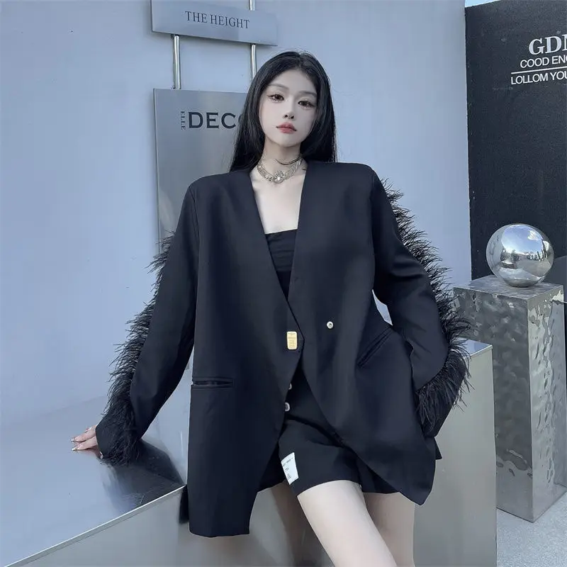 Woman's Winter Vintage American Style Short Feather Stitching Blazer Coat Black Hepburn  Loose V-neck Suit Jacket for Woman