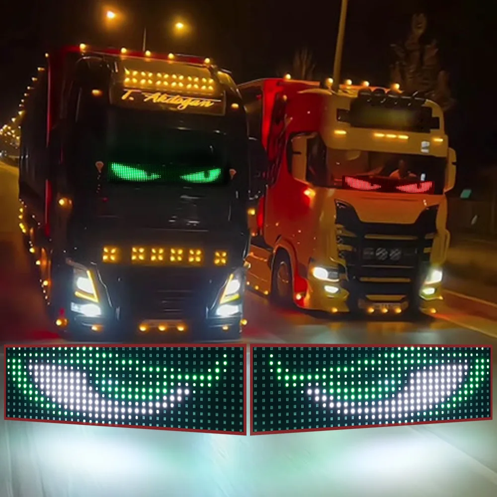 

Светодиодная подсветка для грузовиков с управлением через приложение, настраиваемый текст и узоры, дисплей для лобового стекла с пультом ДУ, режимы «дьявольский глаз» и музыкальный режим, 24В