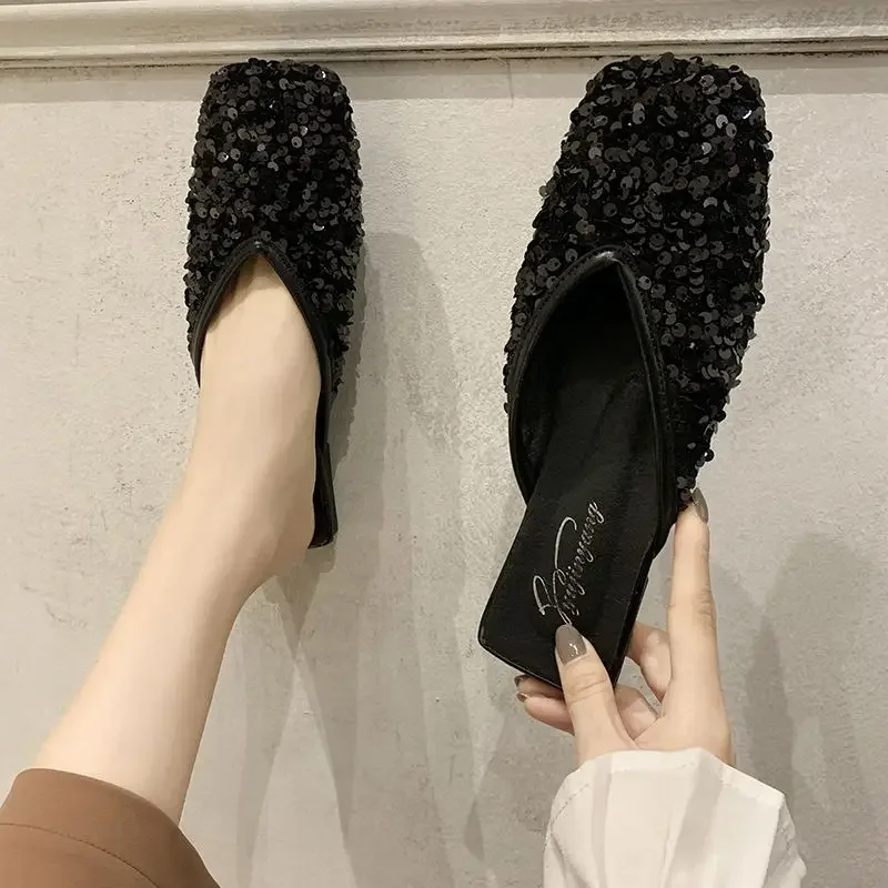 Woman Slippers Wedding Summer Rubber Black Shoes for Women 2024 Rhenstone Sandals Mules Slides Jewels Crystals Flat Korea Style