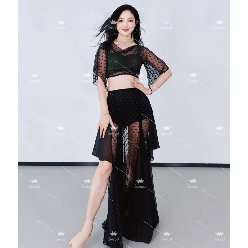 customized swegal 2pcs women belly dance costumes practice outfit with polka dot mesh insert and large swing skirt set