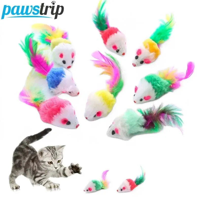 Cute Cat Toys Soft Fleece False Mouse Kitten Toys Funny Cat Toy with Colorful Feather Interactive Cats Toy Cat Accessories