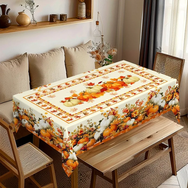 1 piece of autumn harvest tablecloth - with pumpkin and maple leaf floral pattern, beige with orange, polyester,
