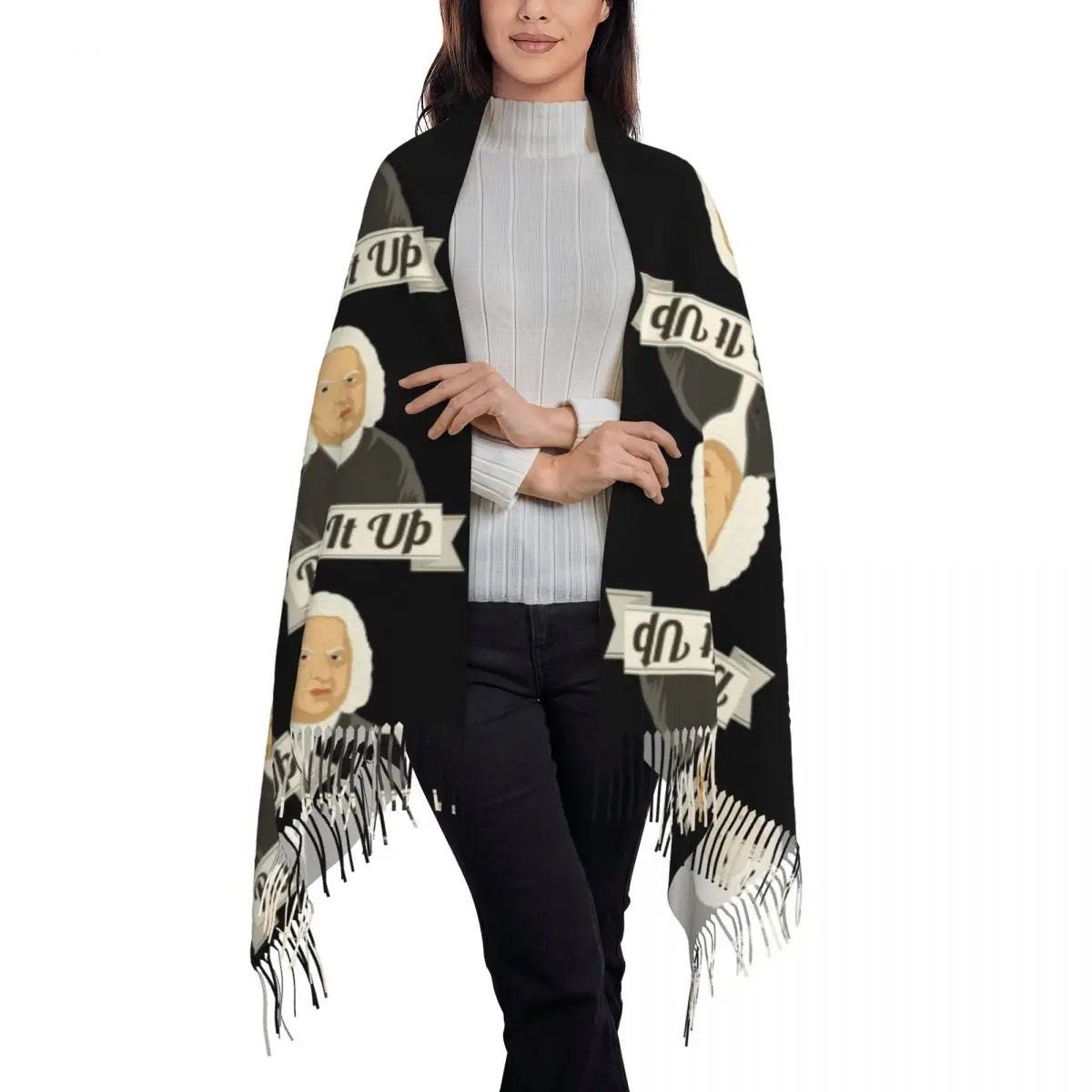 Funny Bach It Up Johann Sebastian Bach Composer Print Scarf Tassel Scarves Women Soft Warm Shawls and Wraps Winter Shawl Wrap