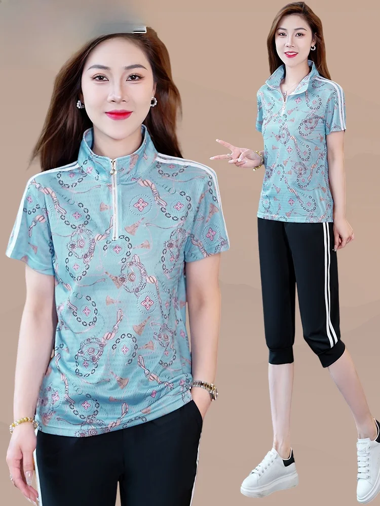 TUCANO Ice Silk Qui Dry Sports Set Mujer Verano 2025 Nuevo cuello alto antienvejecimiento ort Sve Pantalones de siete piezas Dos piezas...