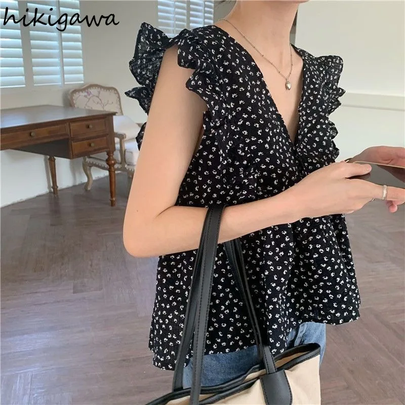 Summer Floral Blouses for Women V-neck Sleeveless Loose Crop Tops Korean Fashion Temperament Shirts 2024 Blusas Mujer De Moda